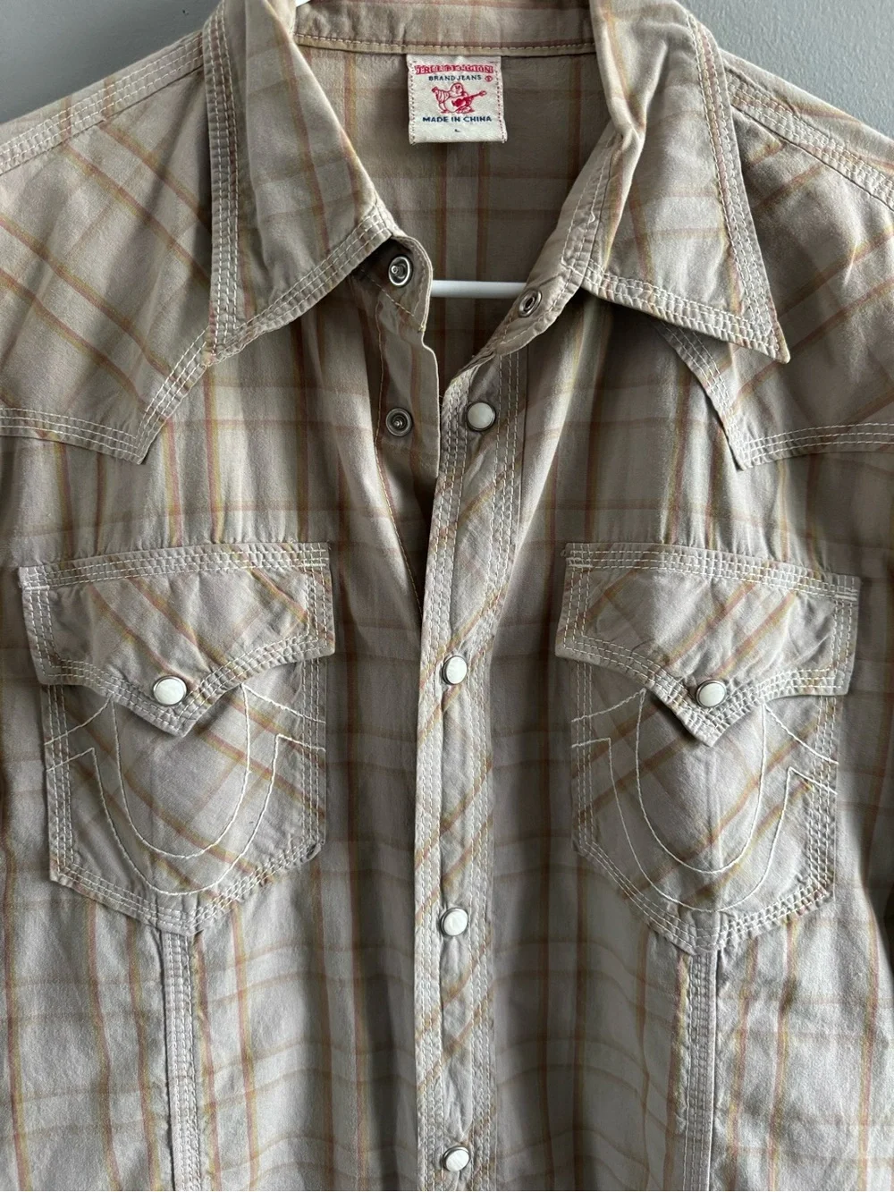 True Religion Plaid Button-Up Shirt in Beige and Light Brown